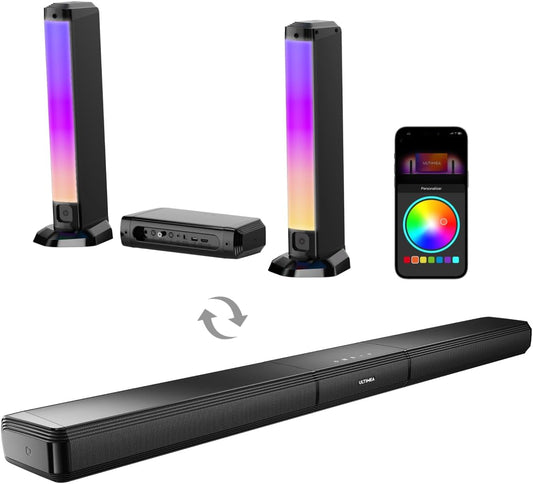 ULTIMEA 5.0ch Sound Bar for Smart TV, PC Soundbar with RGB Light, Detachable Soundbar with App Control, 120W Peak Power, Bluetooth 5.3 TV Sound Bar, HDMI-ARC/Opt/AUX, Wall Mount, Apollo S70
