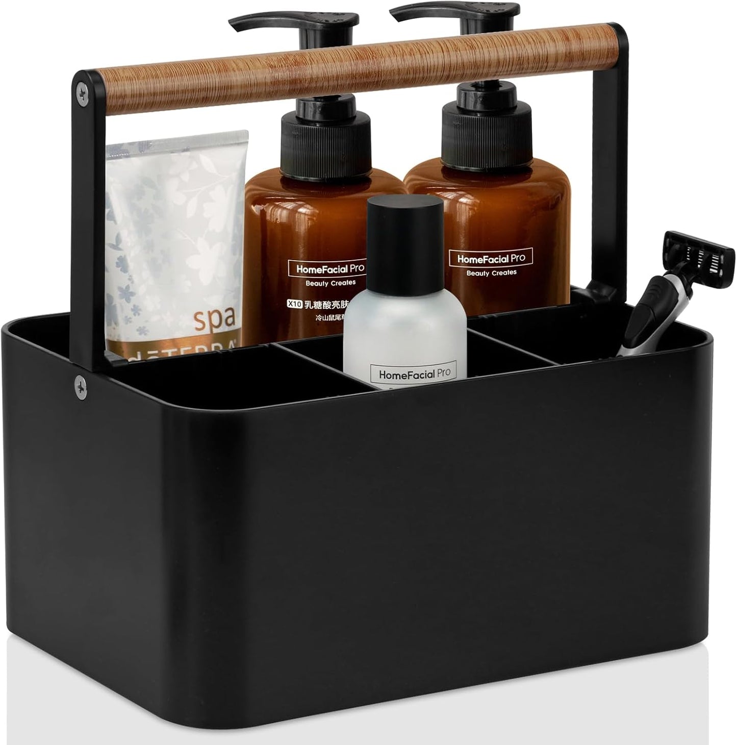 Portable Shower Caddy with Handle and Adjustable Dividers, Plastic Bathroom Storage Basket for Dorms, Toiletries, and Vanity Use, Black Wood Style - PuriLite