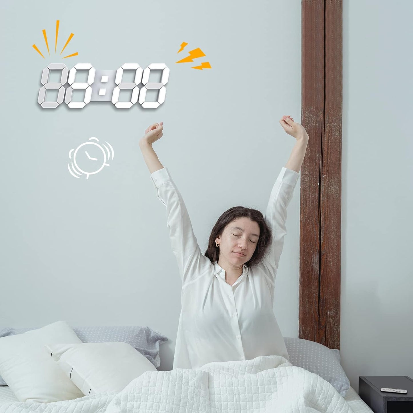 Deeyaple 3D LED Digital Wall Clock Modern Alarm Clock Adjust Brightness 12/24 Time Date Temperature Silent Snooze USB Night Light Remote Control Kitchen Bedroom Living Room Small 9.7 inch White