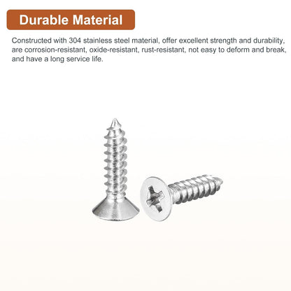 DTGN 100Pcs #6x1/2 Flat Head Wood Screws, 304 Stainless Steel Phillips Self Tapping Screws - Good for Woodworking, Furniture - Silver