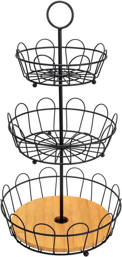 3-Tier Farmhouse Fruit Basket Stand, Wire Fruit Vegetables Countertop Storage Rack, Multifunctional Detachable Bread Snack Holder Bowl for Kitchen and Bathroom Organization - Black