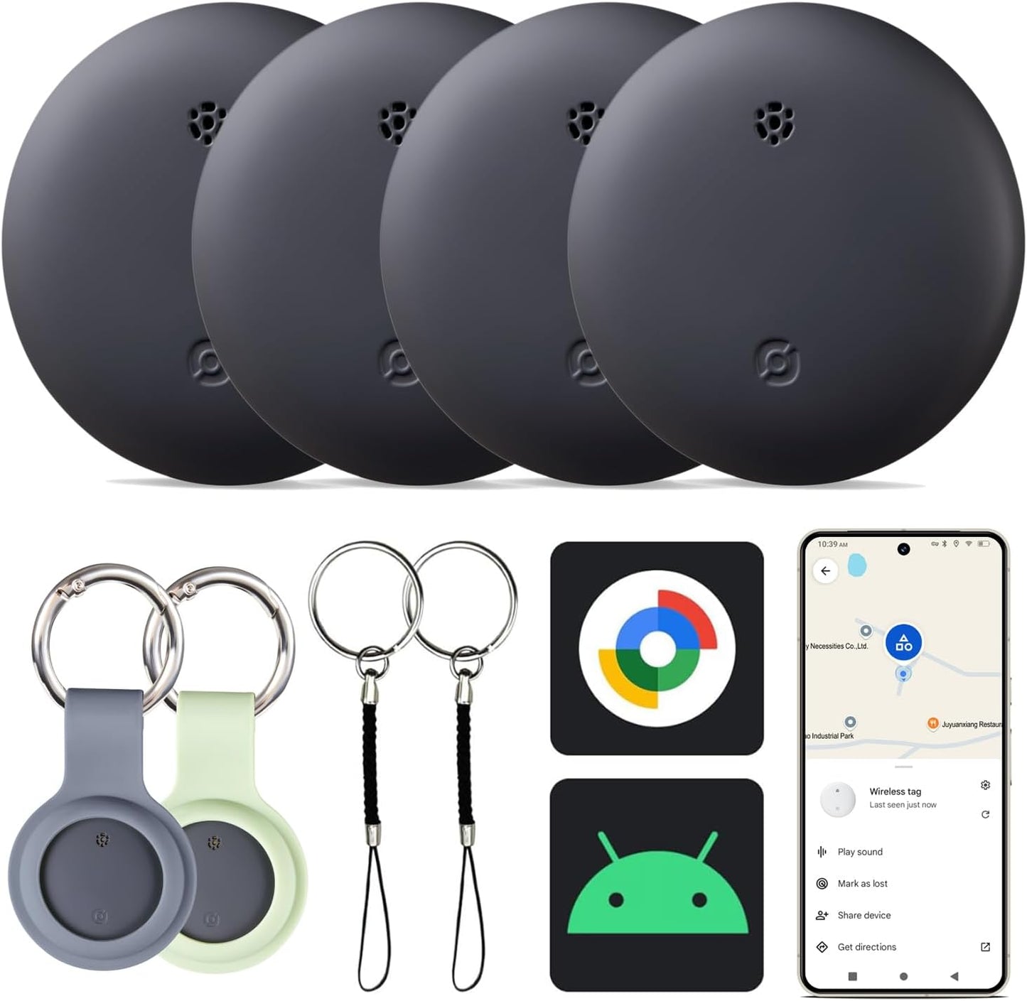 Reyke GPS Tracker Android, Air Smart Tag Compatible with Google Find My (Android Only), Key Finder for Keys, Luggage, Suitcase, Wallet, IP66 Waterproof, 4 Pack