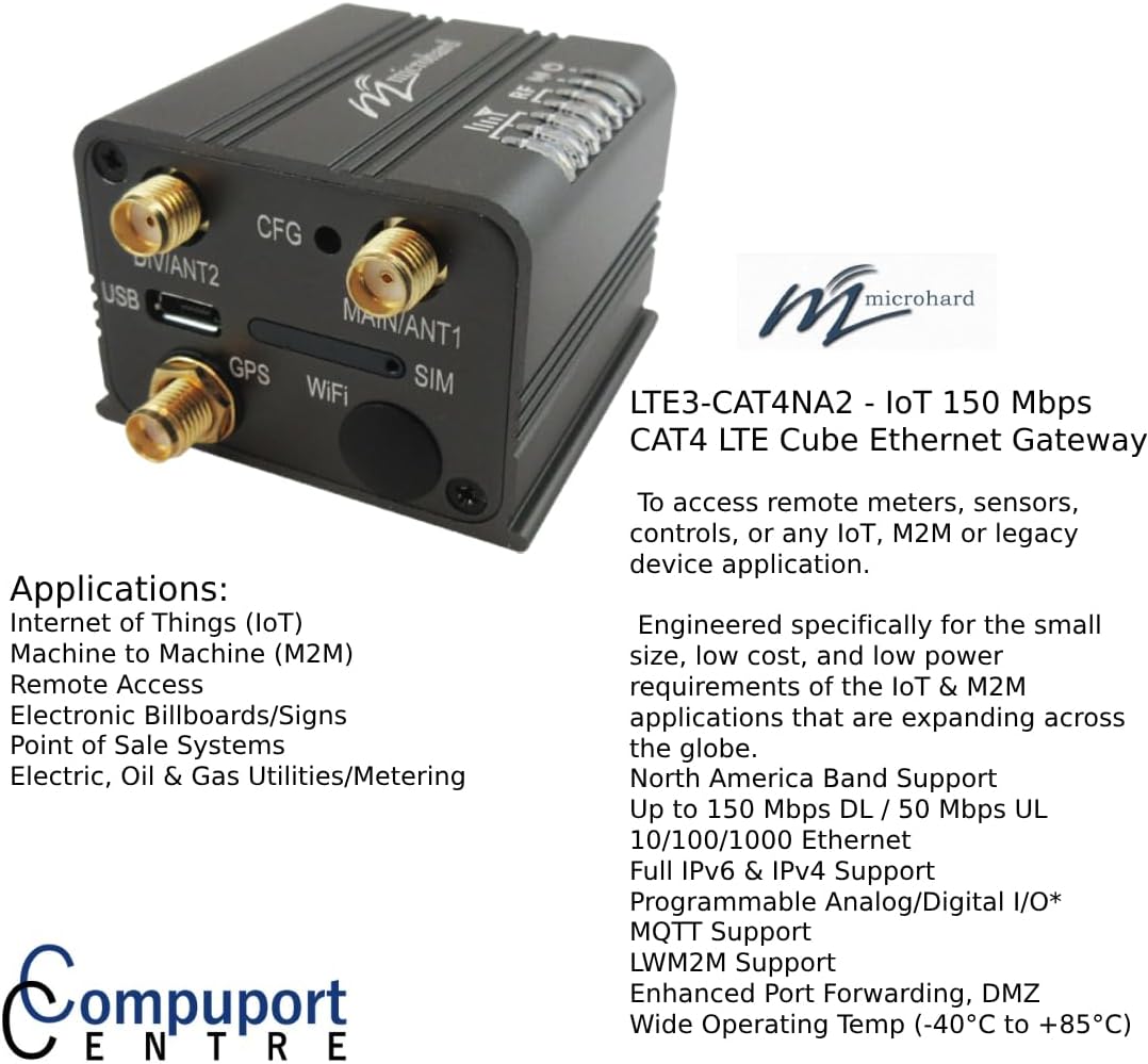 Microhard LTE³ Cube-CAT4NA2 150 Mbps CAT4 LTE IoT 4G Wireless Gateway- CA-MHK119430(Modem Only) Sold and Supported by CompuPort Centre Inc.