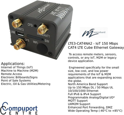 Microhard LTE³ Cube-CAT4NA2 150 Mbps CAT4 LTE IoT 4G Wireless Gateway- CA-MHK119430(Modem Only) Sold and Supported by CompuPort Centre Inc.