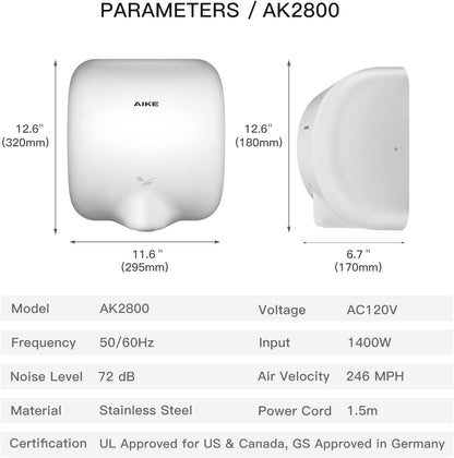AIKE Surface Mounted High Speed Commercial Hand Dryer CUL Approved 120V 1500W, Brushed Stainless Steel Finish Model AK2800B