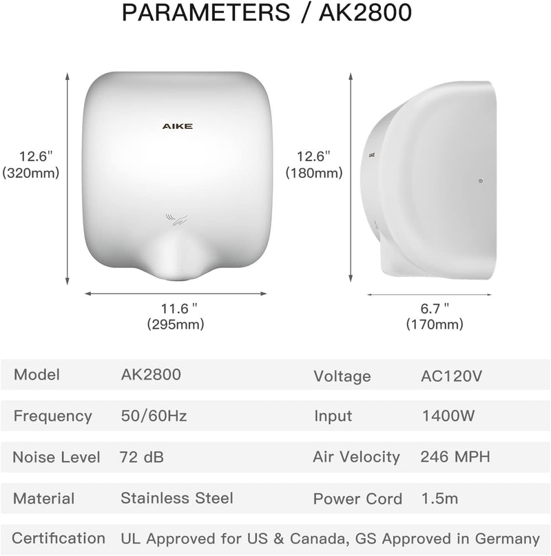 AIKE Surface Mounted High Speed Commercial Hand Dryer CUL Approved 120V 1500W, Brushed Stainless Steel Finish Model AK2800B