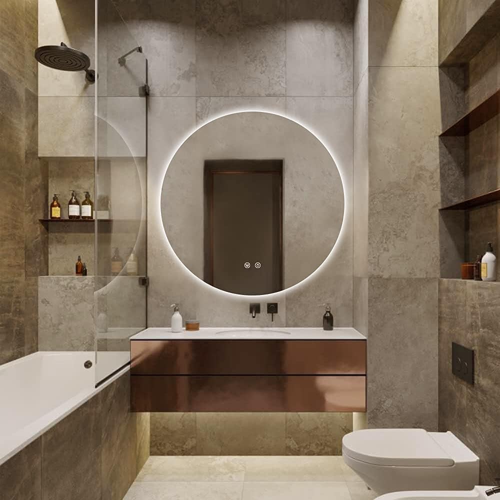 TETOTE 28 Inch Round LED Bathroom Vanity Mirror, Anti-Fog Dimmable Lights IP54 Waterproof Circle Makeup Wall Mounted Mirror