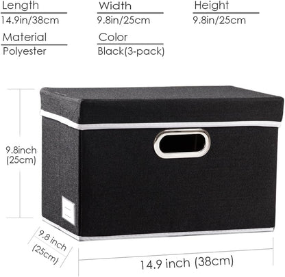 PRANDOM Large Foldable Storage Bin with Lid [1-Pack] Linen Fabric Decorative Storage Box Organizer Containers Basket Cube with Handles Divider for Bedroom Closet Office Living Room (17.7x11.8x11.8")