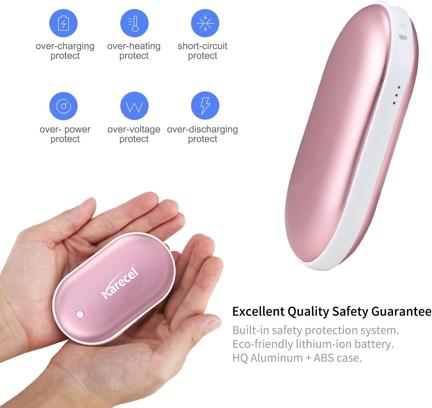 KARECEL Rechargeable Hand Warmers 2 Pack – 10,400mAh Double-Sided Electric Hand Warmers & Power Bank, 4" Full-Surface Heat, Quick Charge Portable USB Pocket Heater, 3 Heat Levels, Tech Gifts for Men & Women – Rose Gold