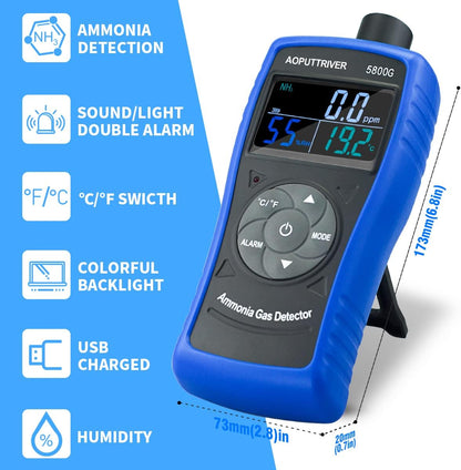 Ammonia Gas Detector, 0~100 PPM NH3 Monitor | Farm, Poultry, Pig & Livestock USB Recharge | LCD Backlight with Temperature(℉/℃), Humidity -AP-5800G