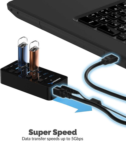 SABRENT16 Port USB hub 3.2 x1 and Charger 90W, with Power Adapter, Fast Powered Data hub, Multiple USB Charging, USB Docking Station, multiport hubs, LEDs on/Off Switch, Mount Bracket Included