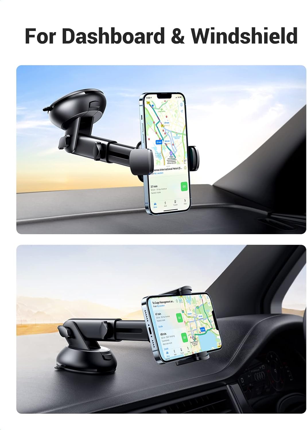 UGREEN Car Phone Holder Dashboard Windshield, Strong Suction Car Phone Mount 360 Degree Rotation Long Arm, Cell Phone Holder Car for iPhone 14 Pro Max 13 Pro Max 12 Pro Max, Galaxy S23 S22, Pixel 4 XL