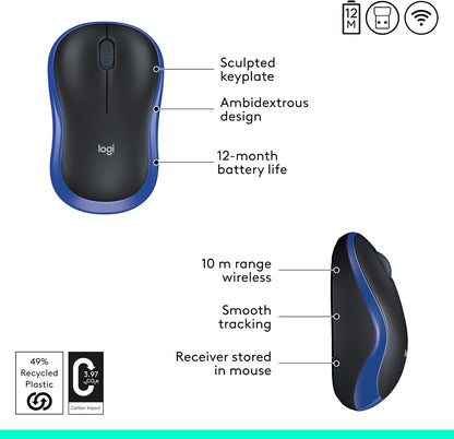 Logitech M185 Wireless Mouse, 2.4GHz with USB Mini Receiver, 12-Month Battery Life, 1000 DPI Optical Tracking, Ambidextrous, Compatible with PC, Mac, Laptop - Black