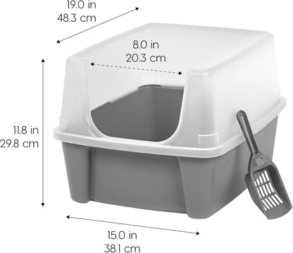 IRIS USA Top Entry Cat Litter Box with Scoop - Large - Stylish Enclosed Round Oval Kitty Dog Proof Box, Litiere Pour Chat Bac - White/Beige
