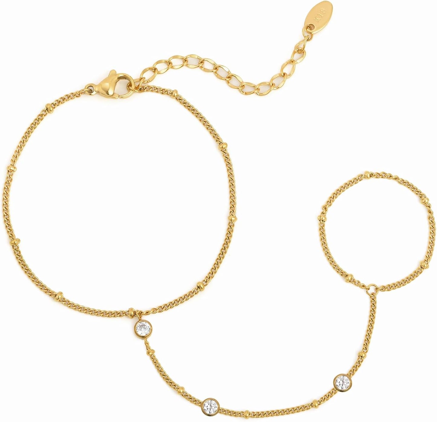 Hand Chain Ring Bracelet For Women, 14k Gold Plated Dainty Cubic Zirconia Minimalist Finger Ring Bracelet, Trendy Stuff Jewelry Gifts To Wife Girfriend Daughter Sister BBF, 17.5cm/7.5cm