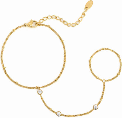 Hand Chain Ring Bracelet For Women, 14k Gold Plated Dainty Cubic Zirconia Minimalist Finger Ring Bracelet, Trendy Stuff Jewelry Gifts To Wife Girfriend Daughter Sister BBF, 17.5cm/7.5cm