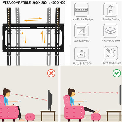 PrimeCables Low Profile Tilt TV Wall Mount Bracket for 26-55 Inch LED, LCD, OLED, Plasma Flat Screen TVs with VESA 400x400mm Up to 88lbs