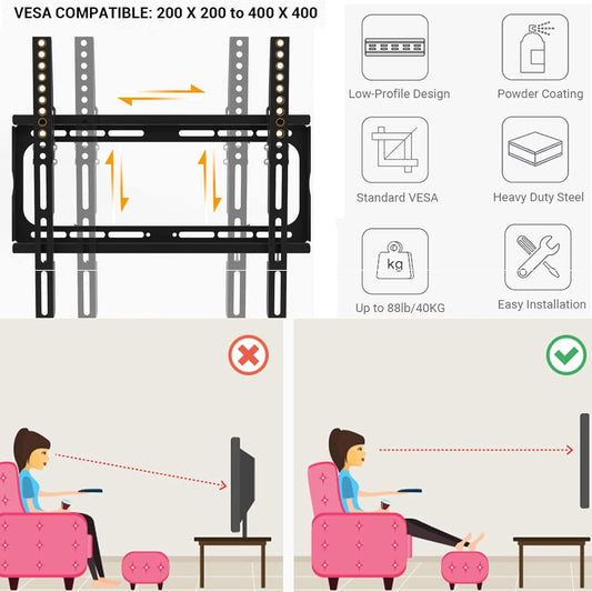 PrimeCables Low Profile Tilt TV Wall Mount Bracket for 26-55 Inch LED, LCD, OLED, Plasma Flat Screen TVs with VESA 400x400mm Up to 88lbs - PuriLite