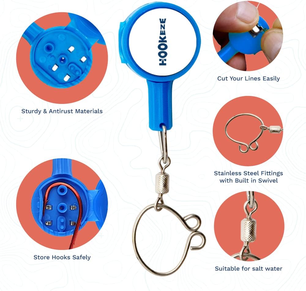 Hook-Eze Fishing Gear Knot Tying Tool | Line Cutter |Cover Hooks on Fishing Pole Travel Safely Fully Rigged for Saltwater Bass Ice Fishing