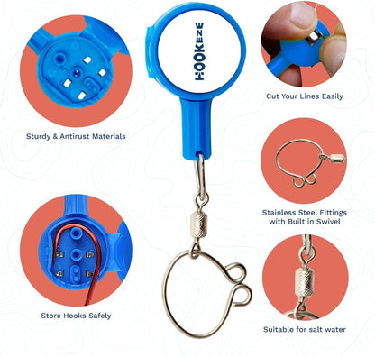 Hook-Eze Fishing Gear Knot Tying Tool | Line Cutter |Cover Hooks on Fishing Pole Travel Safely Fully Rigged for Saltwater Bass Ice Fishing