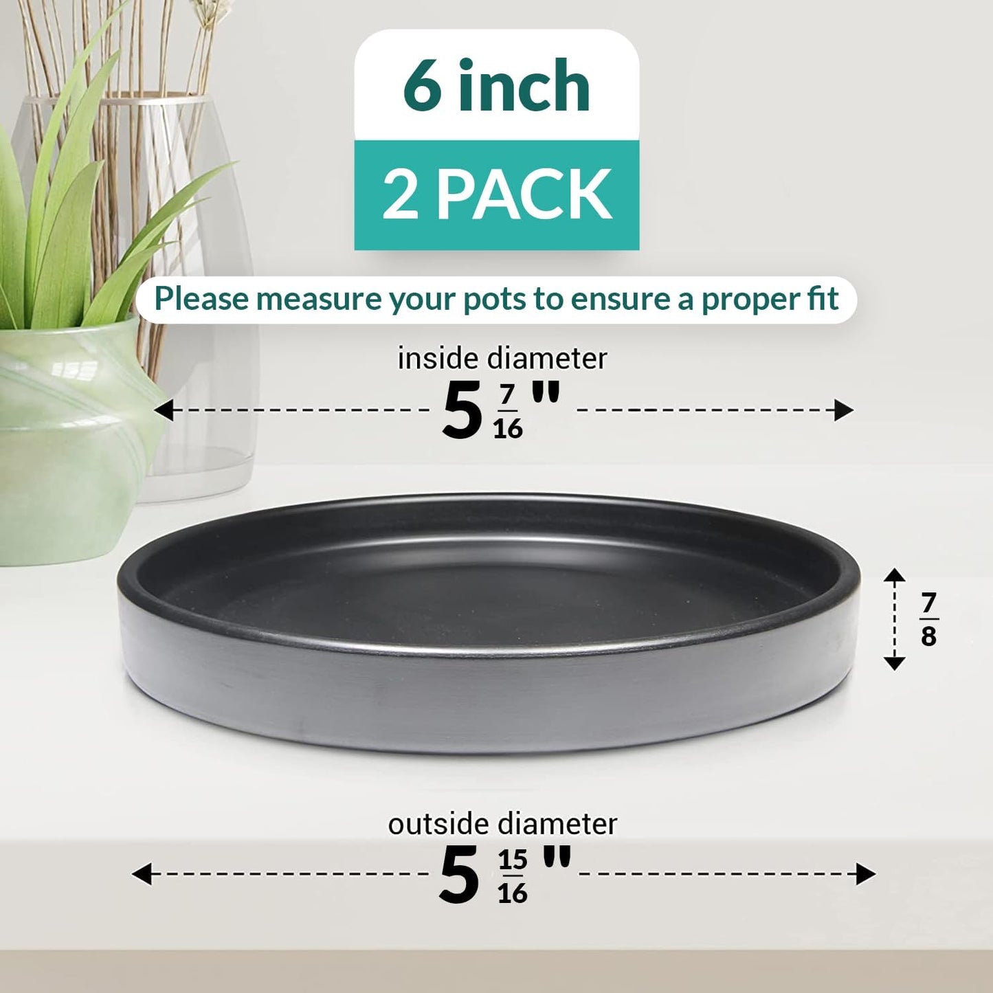 Heavy Duty Ceramic Black Plant Saucer - with Silicone Feet for Added Surface Protection - Scratch-Resistant Plant Drip Trays for Pots 8.3" at the Base or Less, Plant Plate, 7-8 Inch Plant Saucer