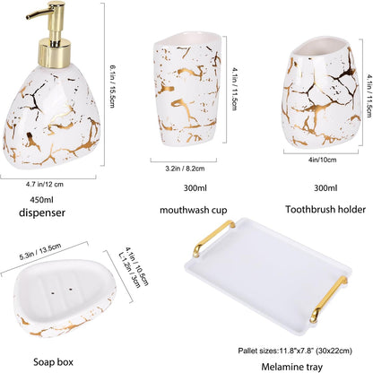 White Bathroom Accessories Set,Modern Countertop Bathroom Decor,Luxury 6 Piece Bathroom Accessory Set,Complete with Soap Dispenser,Toothbrush Holder,Tumbler,Tray