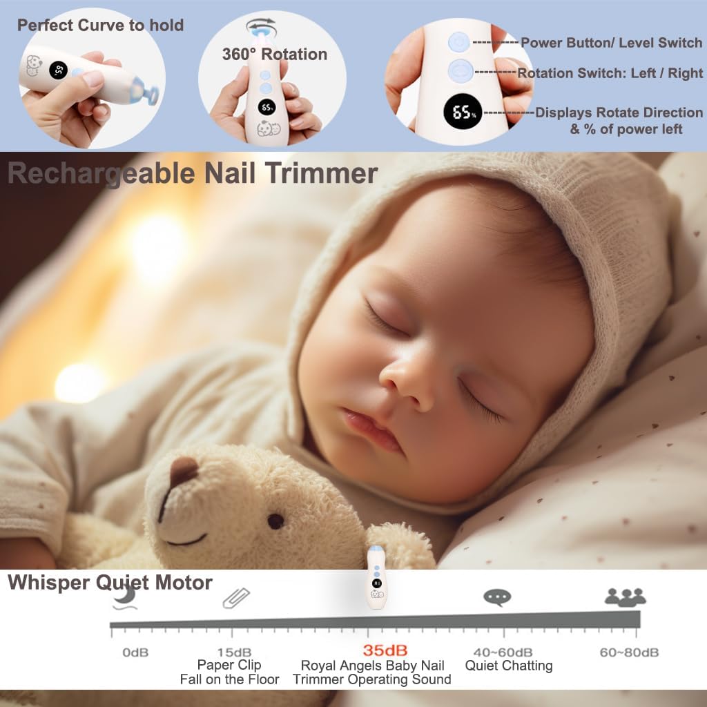 Royal Angels Rechargeable Baby Nail Clippers 20 in 1, Safe Electric Nail Trimmer, Baby Nail Kit, Additional Replacements, Newborn Toddler Toes and Fingernails, Trim and Polish (Rechargeable, Snow)