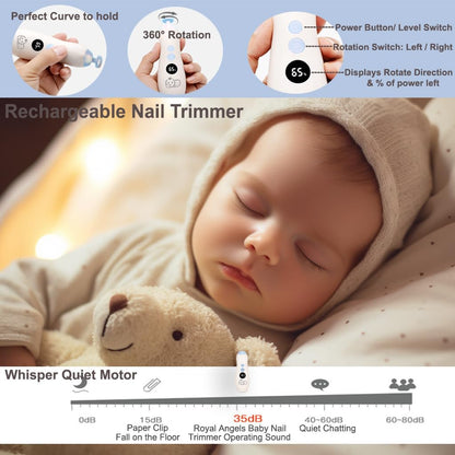 Royal Angels Rechargeable Baby Nail Clippers 20 in 1, Safe Electric Nail Trimmer, Baby Nail Kit, Additional Replacements, Newborn Toddler Toes and Fingernails, Trim and Polish (Rechargeable, Snow)