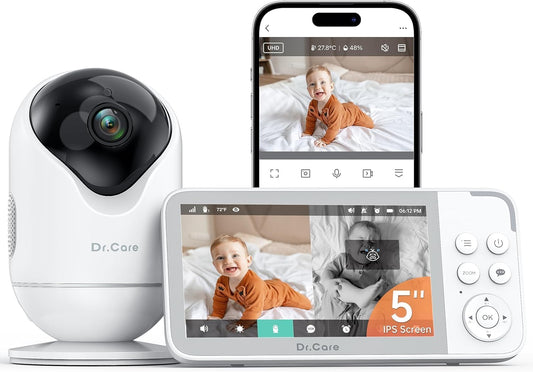 Dr.Care VistaView Smart WiFi Baby Monitor - 5” 1080P Split Screen & 2K Camera App Control, Cry & Motion Alerts, HD Night Vision, 5000mAh Battery, 2-Way Talk, Multi-User, Triple Security, 1279ft Range