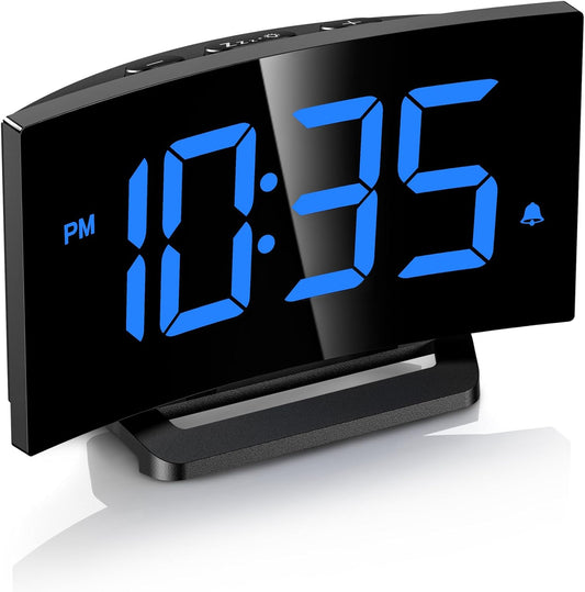 GOLOZA Digital Alarm Clock for Bedrooms, Modern Curved Design, Conspicuous Blue LED Numbers, 6 Levels Brightness, 3 Alarm Tones,2 Volume, Snooze, Power-Off Memory, 12/24H, Bedside Clock - PuriLite