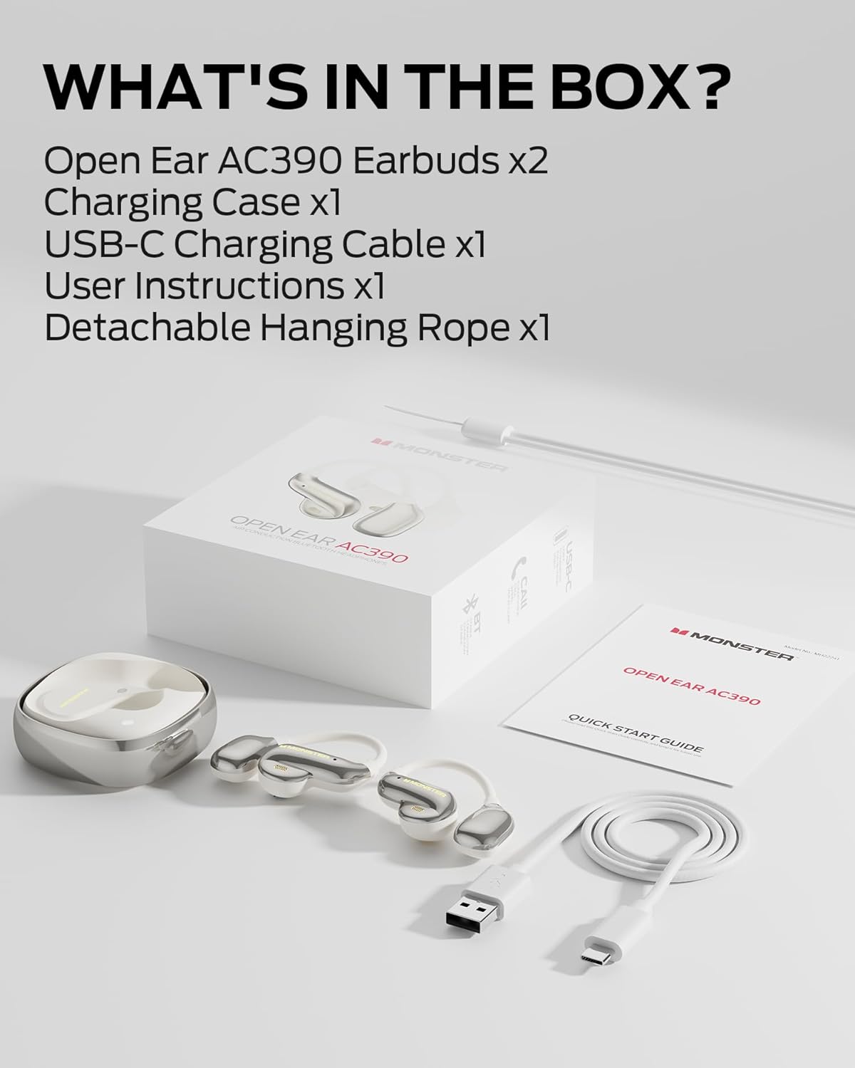 Monster Open Ear AC390 Headphones, Bluetooth 6.0 Earbuds with Stereo Sound, Wireless Headphones 24H Playtime, IPX5 Waterproof, Rotating Charging Case with Lanyard, Ultra-Light Open Ear Earbuds