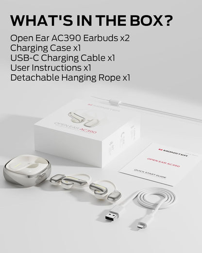 Monster Open Ear AC390 Headphones, Bluetooth 6.0 Earbuds with Stereo Sound, Wireless Headphones 24H Playtime, IPX5 Waterproof, Rotating Charging Case with Lanyard, Ultra-Light Open Ear Earbuds