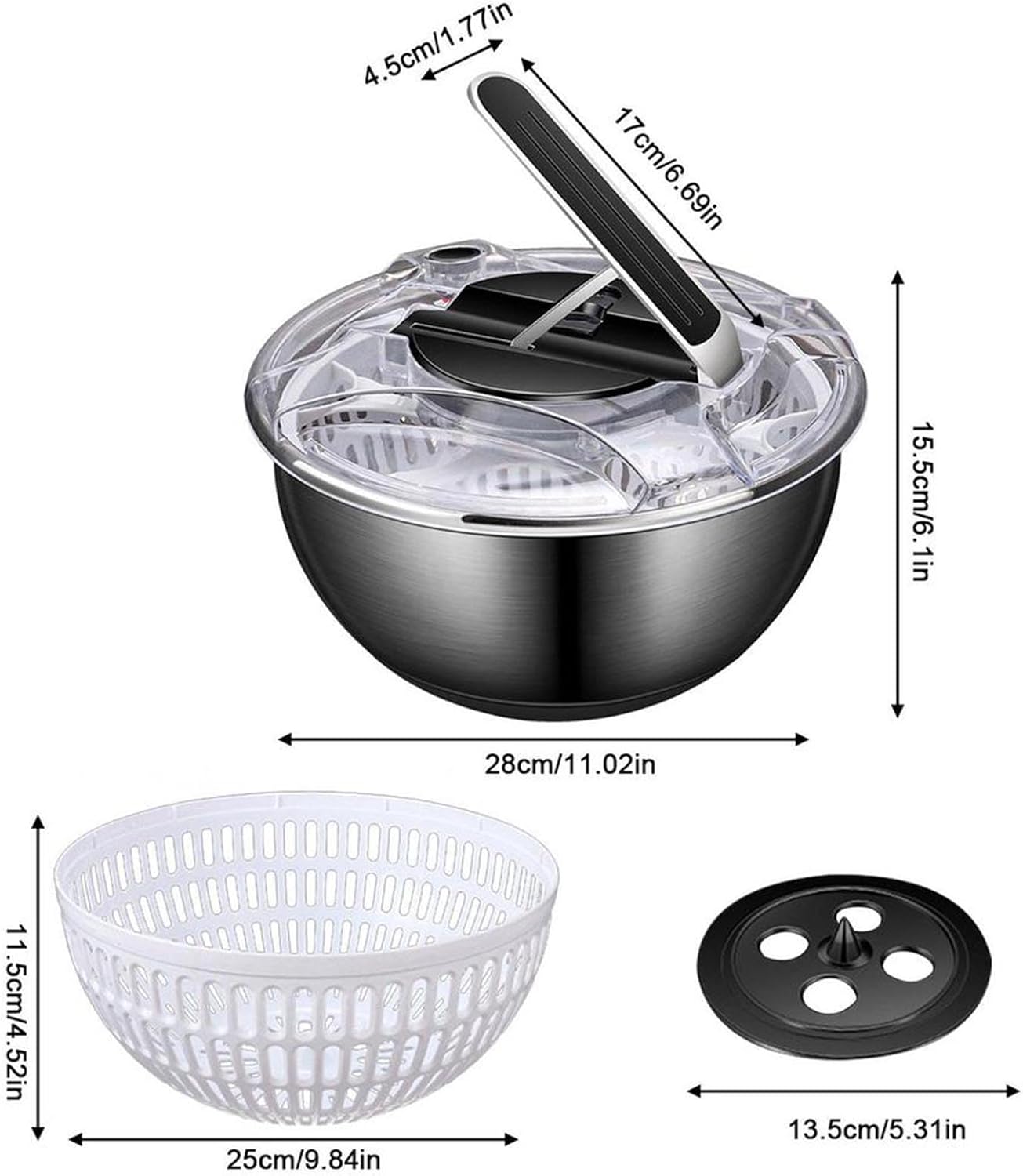 UGCER Salad Spinner, Stainless Steel Fruit and Vegetable Spinner, Manual Fruit Dehydrator Spin Dryer Dehydration Basket Spinner, Drain Basket