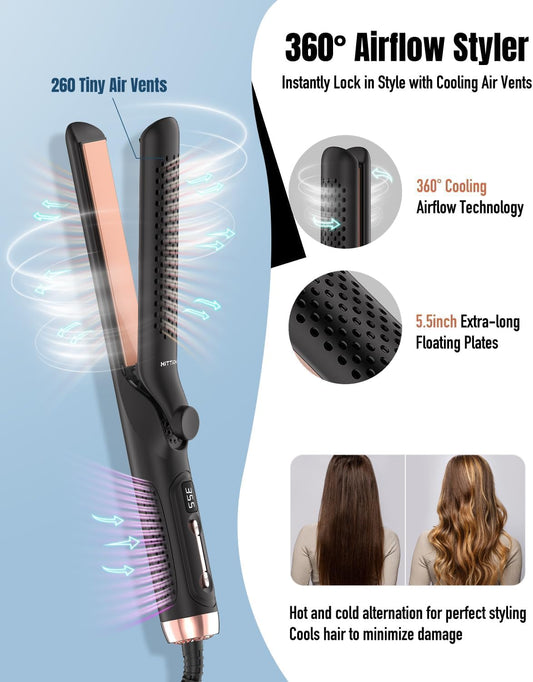 360° Airflow Styler Curling Iron, 2 in 1 Hair Straightener and Curler with Vented Cool Air to Lock in Style, 1.25 Inch Extra Long Flat Iron Curling Iron in One, Dual Voltage for Travel, LCD Display - PuriLite