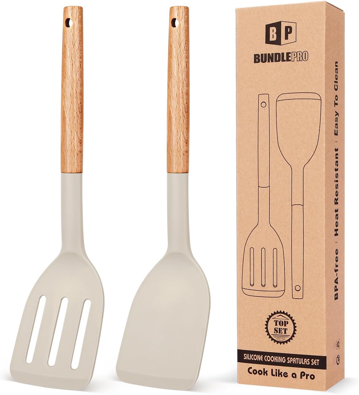 Silicone Cooking Spatula Set | Heat Resistant Turner | Non Stick Kitchen Spatula | Wooden Handle Cooking Tool | Frying Baking Utensils - PuriLite