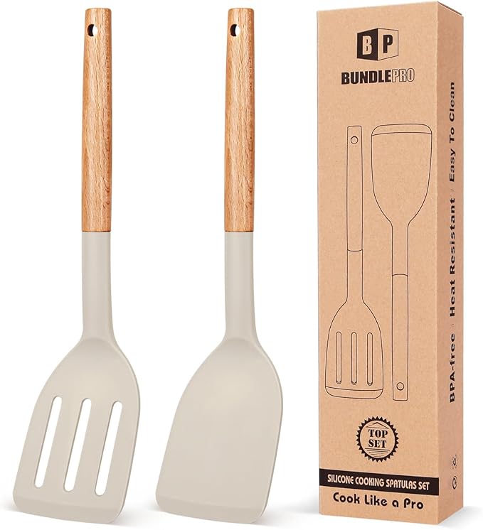 Silicone Cooking Spatula Set | Heat Resistant Turner | Non Stick Kitchen Spatula | Wooden Handle Cooking Tool | Frying Baking Utensils - PuriLite