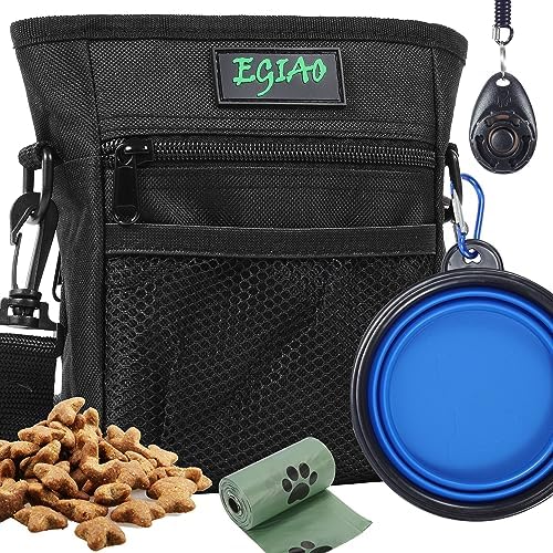 Dog Treat Pouch with Collapsible Dog Bowl, Training Clicker and Poop Bags, Treat Pouches for Pet Training, Magnetic Closure, Built-in Poop Bag Dispenser, Waist Belt Clip, Puppy Treat Bag - Green