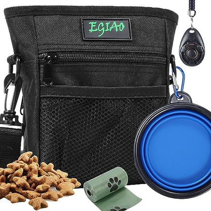 Dog Treat Pouch with Collapsible Dog Bowl, Training Clicker and Poop Bags, Treat Pouches for Pet Training, Magnetic Closure, Built-in Poop Bag Dispenser, Waist Belt Clip, Puppy Treat Bag - Green