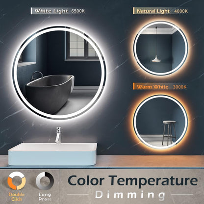 KWW Round Mirror Bathroom LED Lighted Mirror, Illuminated Dimmable Anti-Fog Wall-Mounted Makeup Vanity Mirror with Lights (24L x 24W inches)