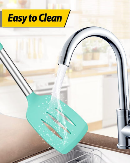 Pack of 2 Silicone Slotted Spatula,Non Stick Solid Kitchen Turner, High Heat Resistant BPA Free Cooking Utensils for Fish, Eggs, Pancakes（Black