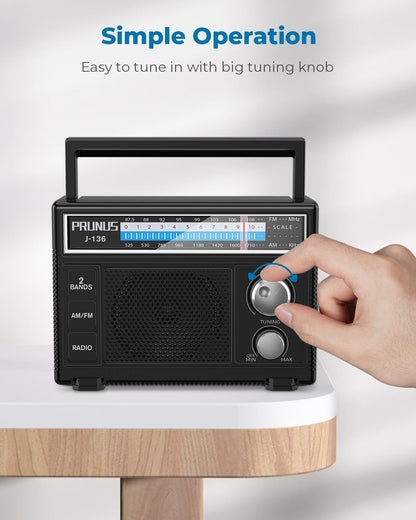 PRUNUS J-136 Portable Radio AM FM Battery Operated and Plug in Wall Transistor Radio Loud Speaker Support AUX in and Micphone in, Small Radios Portable AM FM