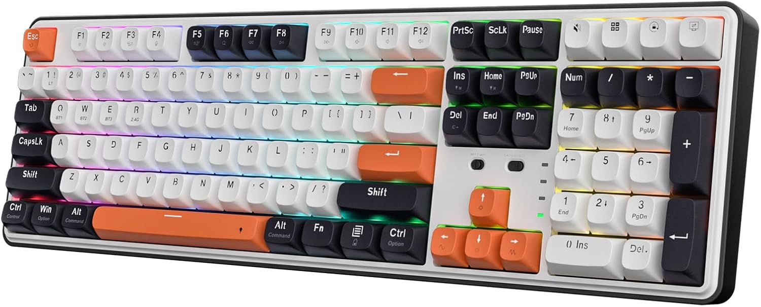 Wireless RGB Mechanical Gaming Keyboard with Gasket Mount, Hot-Swappable Custom Linear Switches, 104 Keys + 4 Hotkeys, Noise Dampened, Ergonomic Design, USB-C/Bluetooth/2.4G Wireless – Black Tangerine - PuriLite