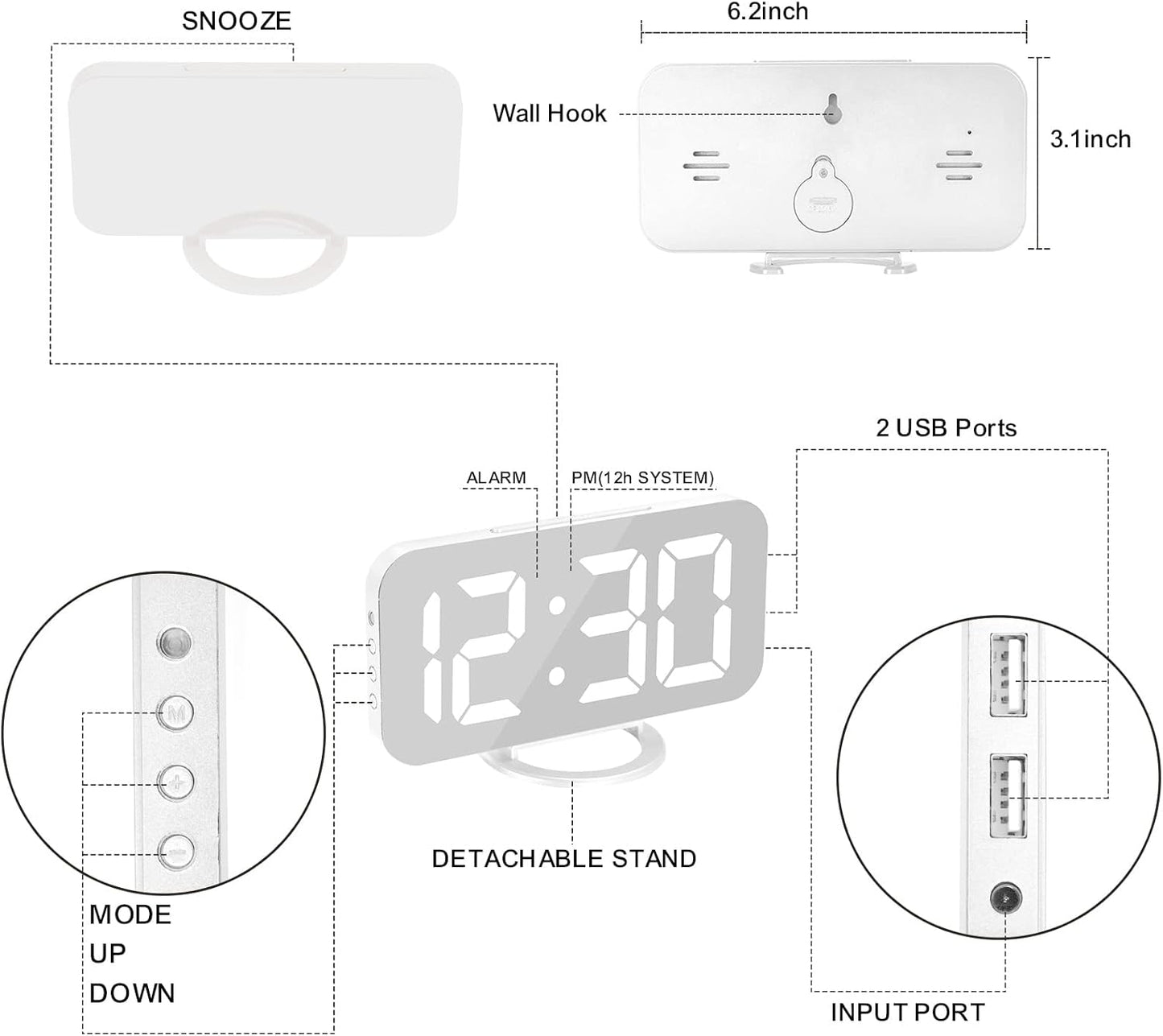 SZELAM Digital Clock Large Display, LED Alarm Electric Clocks Mirror Surface for Makeup with Diming Mode, 3 Levels Brightness, Dual USB Ports Modern Decoration for Home Bedroom Decor-Black