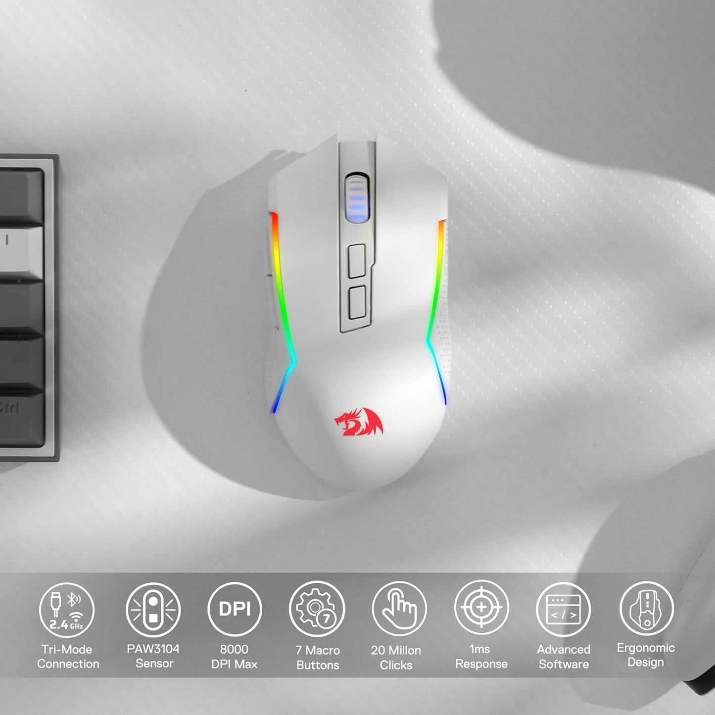Redragon M693 Wireless Gaming Mouse, 8000 DPI Wired/Wireless Mouse w/ 3-Mode Connection, BT & 2.4G Wireless, 7 Macro Buttons, Durable Power Capacity for PC/Mac/Laptop