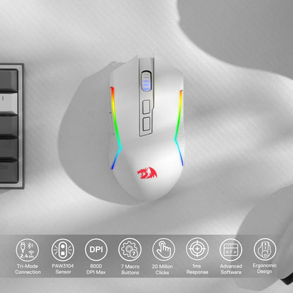 Redragon M693 Wireless Gaming Mouse, 8000 DPI Wired/Wireless Mouse w/ 3-Mode Connection, BT & 2.4G Wireless, 7 Macro Buttons, Durable Power Capacity for PC/Mac/Laptop