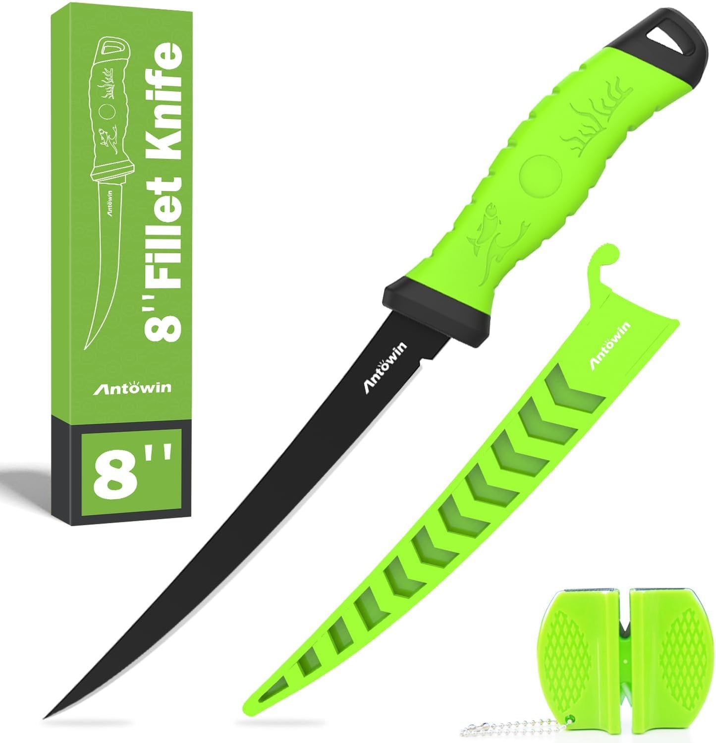 8 Inch Fishing Fillet Knife, Professional Level Knives for Filleting Fish and Boning Meat, Sharp Stainless-Steel Non-Stick Coating Blade, Non-Slip Handles, with 1 Two Stage Knife Sharpener