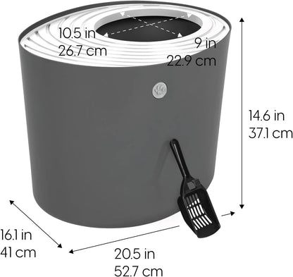 IRIS USA Top Entry Cat Litter Box with Scoop - Large - Stylish Enclosed Round Oval Kitty Dog Proof Box, Litiere Pour Chat Bac - White/Beige