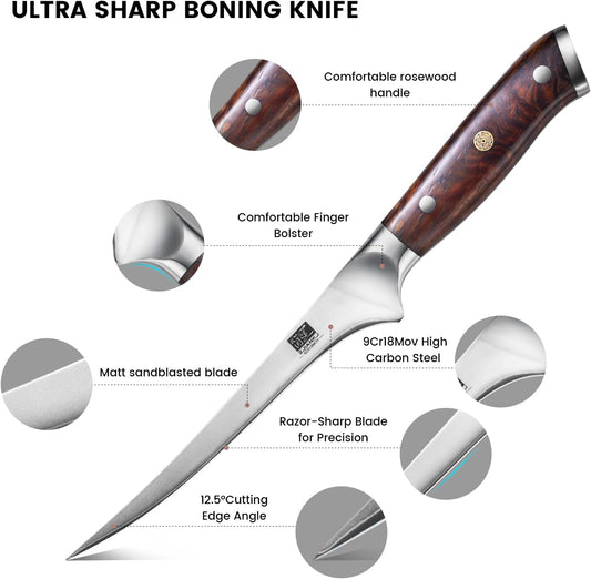 Fillet Knife 7 Inch, Ultra Sharp Meat Boning Knife in 9Cr18MoV High Carbon Steel, Professional Fish Knives with Rosewood Handle for Precise Filleting, Slicing & Trimming - PuriLite
