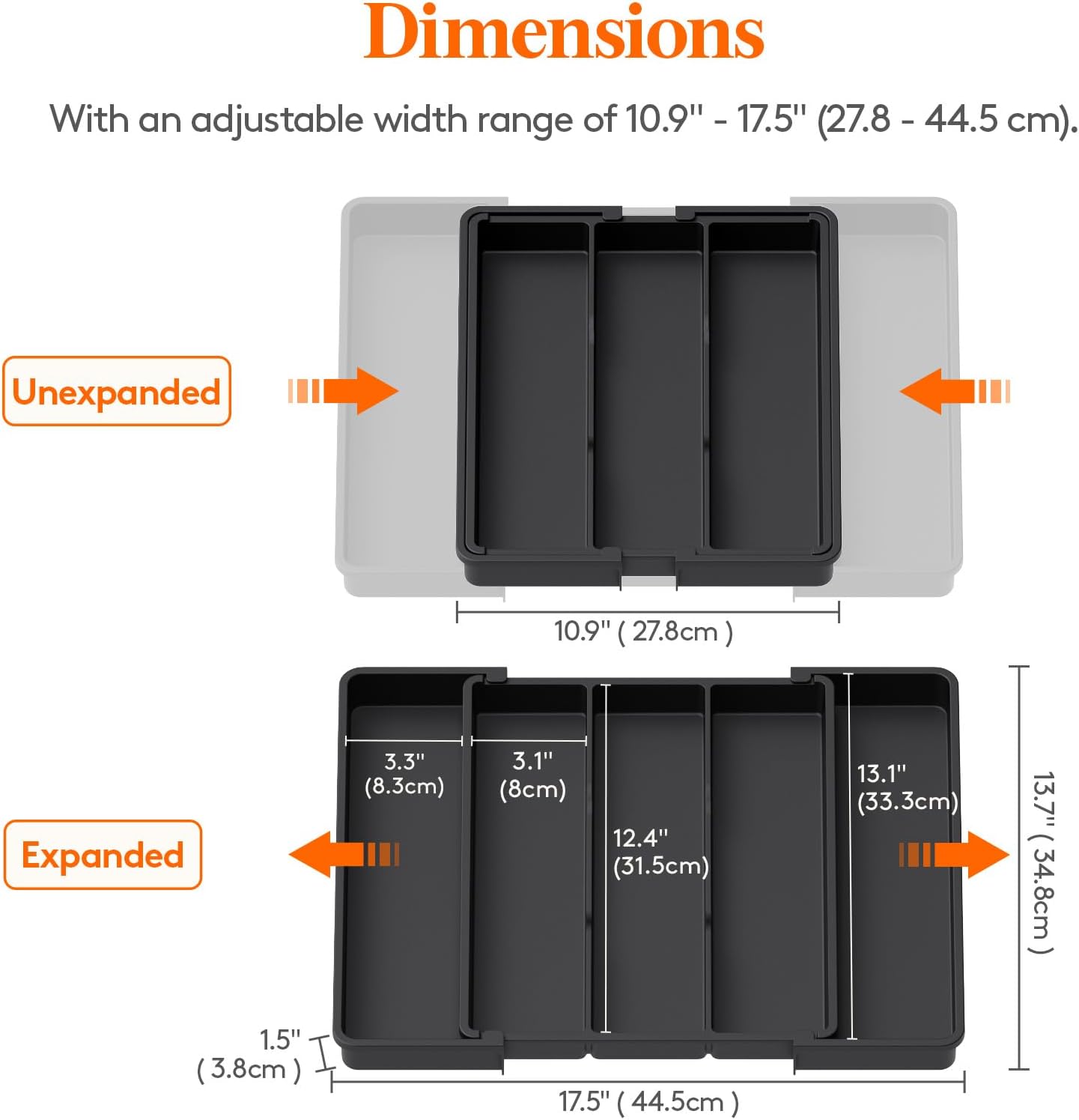 Expandable Cooking Utensil Drawer Organizer, Adjustable 5-Compartment Cutlery and Flatware Tray for Kitchen Drawers, Black - PuriLite