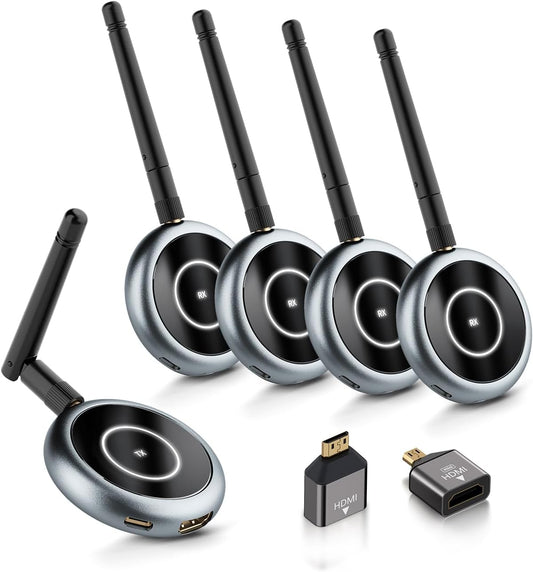 AIMIBO Wireless HDMI Transmitter and 4 Receivers, 5.8G @60Hz, Plug & Play HDMI Wireless Multiple TVs Extender for Streaming Video/Audio from Laptop, Camera, TV Box to TVs, Projectors, Monitors -165FT